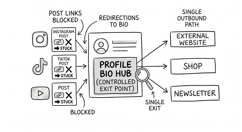 Hand-drawn illustration showing social media platforms restricting links and routing traffic through profile bio