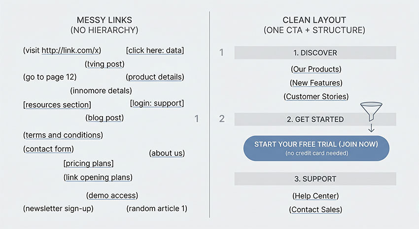 bad vs good link in bio page comparison showing conversion differences