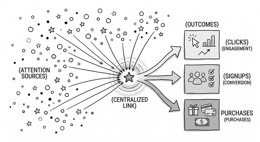 Hand-drawn conceptual diagram showing attention flowing into centralized conversion system through link in bio