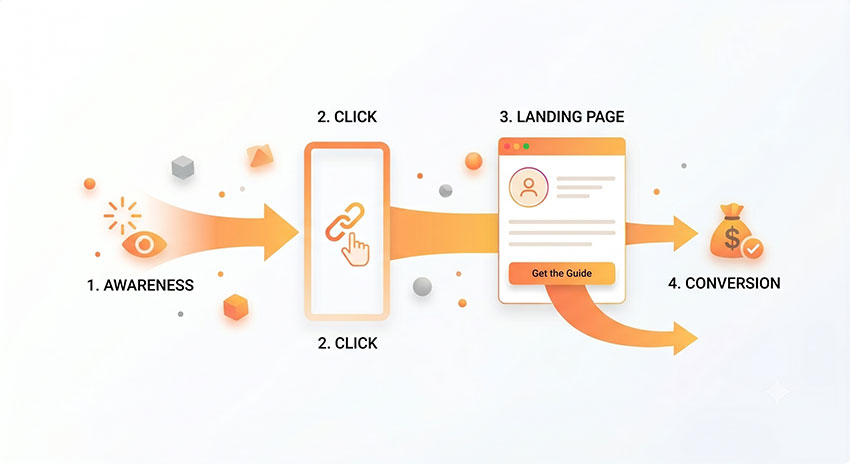 Summary of Instagram Link in Bio strategy showing conversion-focused workflow from attention to action
