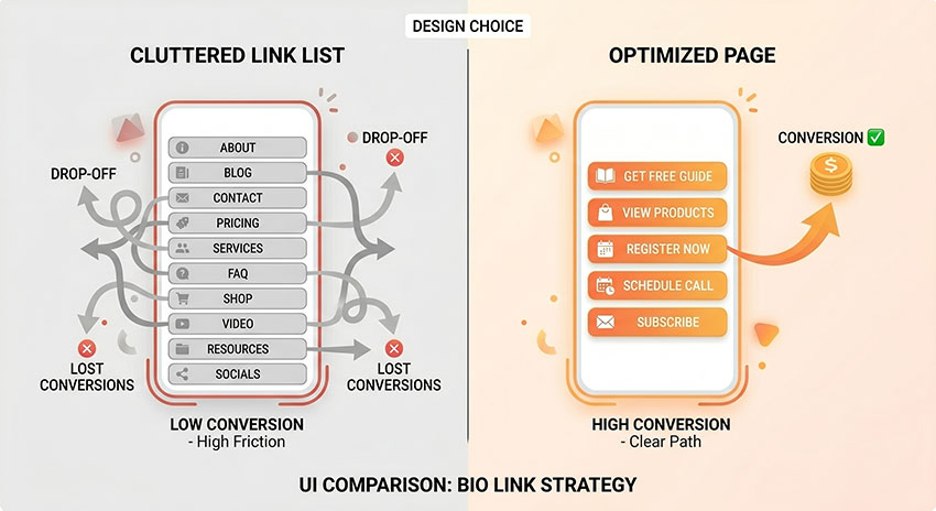 Comparison of poor vs optimized Instagram bio link page showing conversion differences
