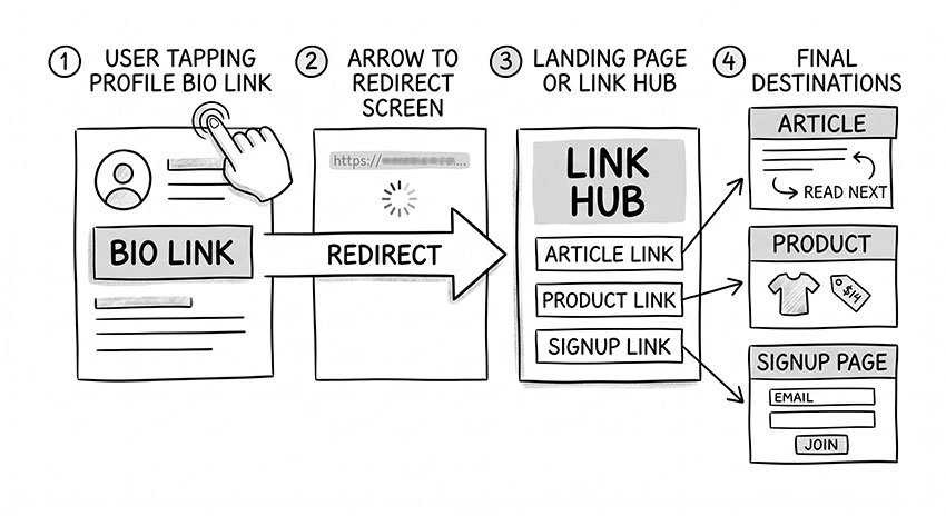 Hand-drawn flow diagram showing user clicking bio link and being redirected to landing page or hub page