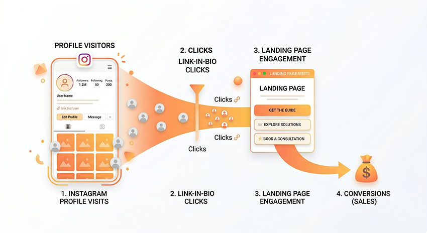Instagram Link in Bio conversion funnel showing profile visits turning into clicks, leads, and sales
