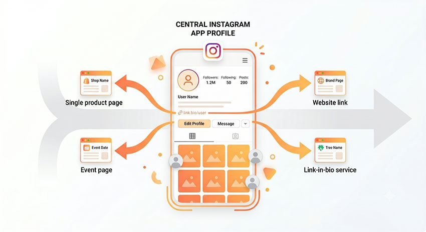 Diagram showing Instagram limiting external links to increase in-app engagement and reduce outbound traffic