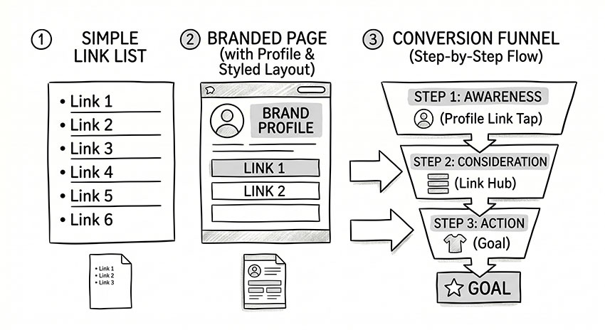 Hand-drawn comparison diagram showing simple link list, branded page, and conversion funnel page